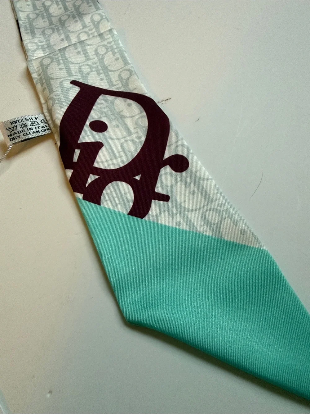 Cream,Seafoam & Burgundy Silk Twilly Scarf 39”
